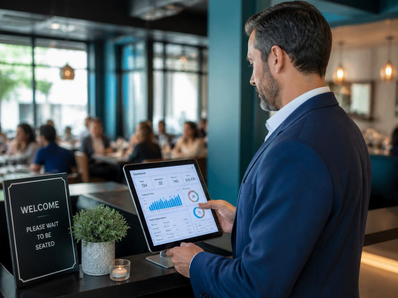 Restaurant manager reviewing a live dashboard on a tablet at the host stand